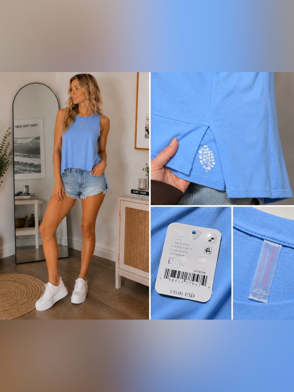 Free People Sky Blue Relaxed Scoop-Hem Tank